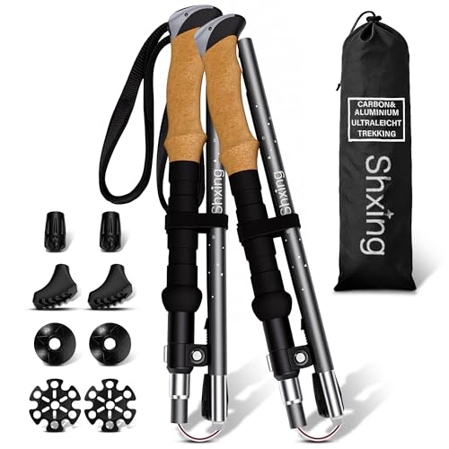 Shxing Faltbare Wanderstöcke 2er Set Carbon 3K & Aluminium 7050 Verstellbar 110-135 cm Korkgriff mit Eva-Verlängerung 35 cm Faltmaß für Wandern Reisen und Nordic Walking Grau
