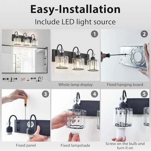 Image of Bathroom Vanity Light Fixtures Over Mirror - Makeup Lighting Black - for Modern Wall, Bath, Desk, Farmhouse, Hallway (3 Crystal Lights)