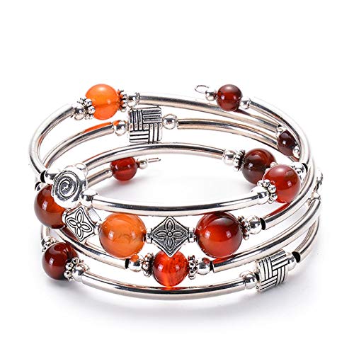 Layered Wrap Bangle Turquoise Bracelet Bohemian Multilayer Natural Agate Stone Bead Bracelet Natural Stone Bangle Chakra Bracelet Stretch Bracelet Cuff Thick Silver For Women Girls Jewelry-Red Agate #TOP27