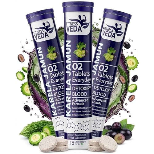 Image of FITNESS VEDA Karela Jamun Effervescent Tablets - Ayurvedic Formula for Blood Sugar Control - Supports Digestion, Glucose Metabolism & Heart Health - Pack of 3(15x3) Tablets | Fizz & Drink