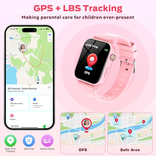 Image of 4G Kids Smart Watch with GPS Tracker, Video Call & Texting, Smart Watch for Kids with SIM Card, SOS, School Mode, HD Camera, Pedometer, Kid Watch Gift for Boys Girls Age 4-12, Pink