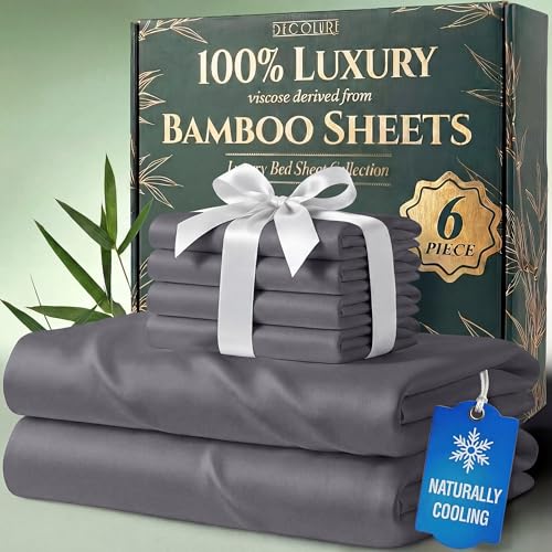 DECOLURE 100% Viscose Derived from Bamboo Sheets Queen Size - Luxury 6 Pc Naturally Cooling Sheets, Ultra Soft Bed Set - Deep 17" Pockets, Durable Double Stitching, Oeko Tex Standard (Grey)