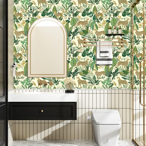 XRUIBZI Leopard Wallpaper Peel and Stick Jungle Animal Wallpaper Yellow Leaf Tropical Contact Paper for Cabinet Waterproof Self Adhesive Pink Wall Paper for Kitchen Countertop Wall 17.5" x 118" by XRUIBZI - Image 6