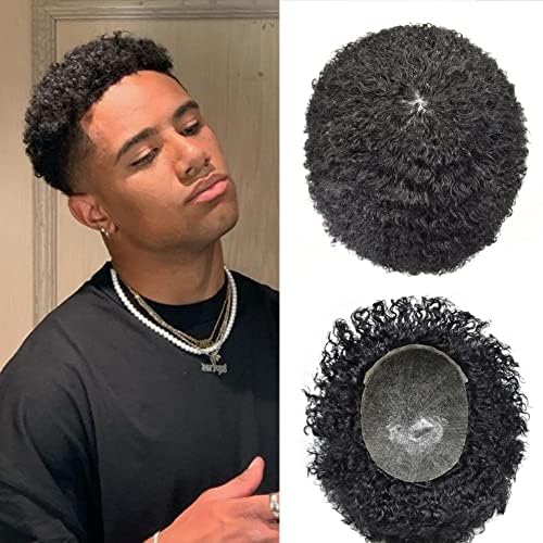 Afro Toupee for Black Men Kinky Curly African American Men Hair Units 100% Brazilian Human Hair Piece All PU Injected Men Wigs Male Prosthesis (6mm afro wave, 1# JET BLACK)