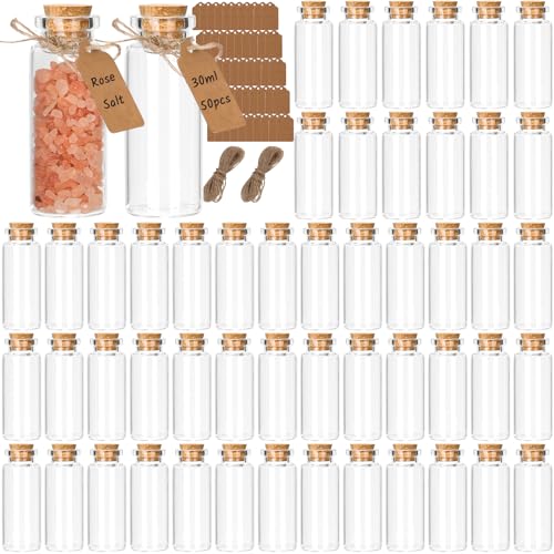 CulnCraz 50 Pcs 30ml Mini Glass Wish Bottles with Cork Stoppers, Tiny Glass Jars with Label Tags and String, Mini Vials for Decoration, Wedding Party, Arts Crafts, Party Favors