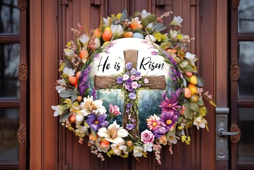 WaaHome-He-is-Risen-Sign-Wreath-for-Front-Door-Decor-Religious-Cross-Easter-Hanging-Door-Decorations-Farmhouse-Flower-He-is-Risen-Door-Sign-Hanger-for-Home-Spring-Wall-Indoor-Outdoor-Decorations WaaHome He is Risen Sign Wreath for Front Door Decor Religious Cross Easter Hanging Door Decorations Farmhouse Flower He is Risen Door Sign Hanger for Home Spring Wall Indoor Outdoor Decorations