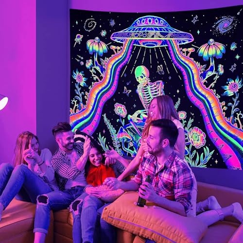 WJccsee Blacklight Reactive Wizard Skull Tapestry, Gothic Skeleton with Galaxy and spaceship, Trippy Purple Wall Decor for Bedroom, UV Glow Aesthetic Tapestry, 51.2 x 59.1 inches by WJccsee - Used condition - Image 7