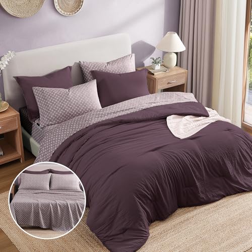 Image of Monbix King Size Comforter Set- 7 Pieces Soft Bed in a Bag King Bedding Set | All Season Plum Prewashed Comforter with Sheets, Pillowcases & Shams