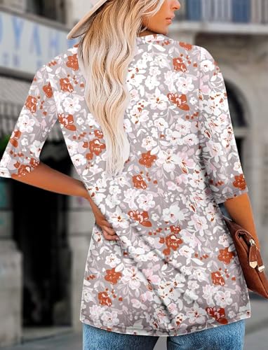 KISSMODA Tunic Tops for Women Loose Fit Dressy Round Neck Pleated 3/4 Length Sleeve Spring Tops