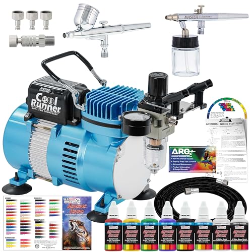 Master Airbrush Cool Runner II Dual Fan Air Compressor Airbrushing Acrylic Paint System Kit with 2 Professional Airbrushes, Hose - 6 Primary Acrylic Paint Colors Artist Set - How To Guide, Color Chart