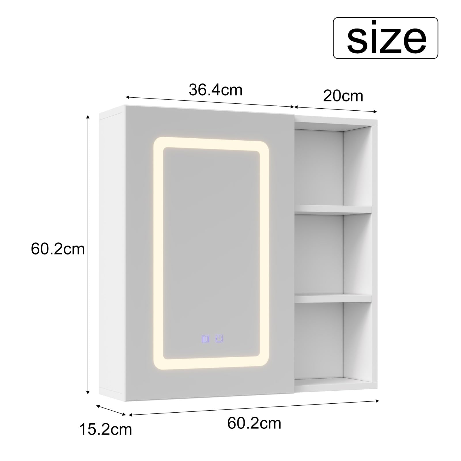 Lustro do przechowywania z jednym drzwiami z diodami LED i schowkiem dziennym, 60,2 x 15,2 x 60,2 cm, szafka łazienkowa z lustrem HD, regulowana temperatura kolorów, ochrona przed mgłą