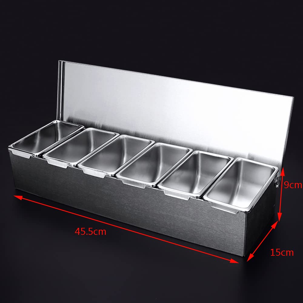Stazione per pizza a 6 scomparti in acciaio inox con coperchio Erogatore di condimenti refrigerato riutilizzabile contenitore per condimenti per ristoranti catering e feste 45,5 x 15 x 9 cm