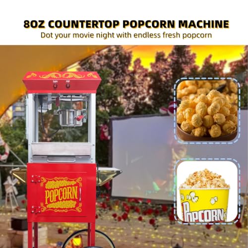 Image of Popcorn Machine with Cart, 8 Oz Kettle Makes Up to 2 Gallons, Vintage Popcorn Maker with Storage Cabinet, Movie Theater Style Popper for Commercial Home, Red