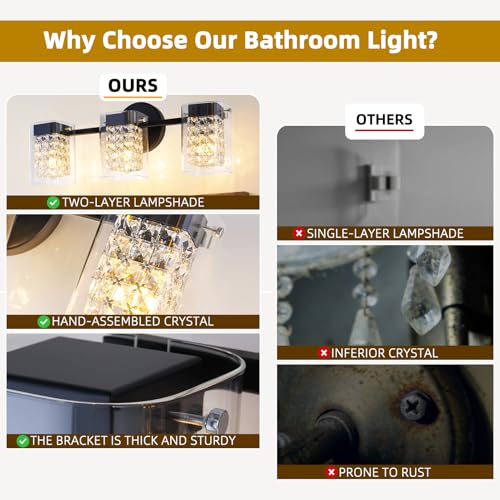 Image of Modern Crystal Vanity Lights, 3-Light Black Bathroom Light Fixtures with Clear Shades, Bathroom Lighting Fixtures Over Mirror Wall Light for Hallway, Decoration,Bedroom(Exclude Bulb)
