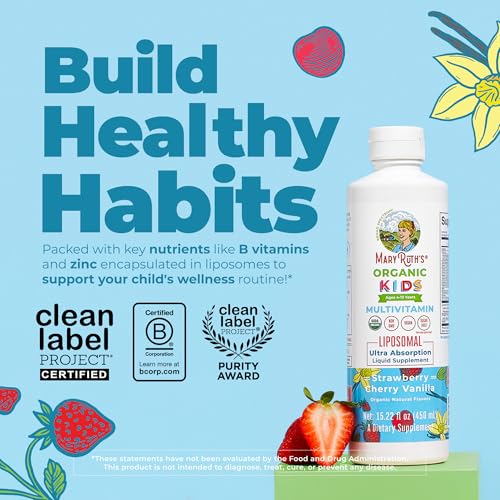Image of MARYRUTH'S Organic Kids Multivitamin Liposomal | Sugar Free Multivitamin for Kids | Immune Support | Bone Health | Cognitive Health | Overall Wellness | USDA Organic | Vegan | Non-GMO | 15.22 oz