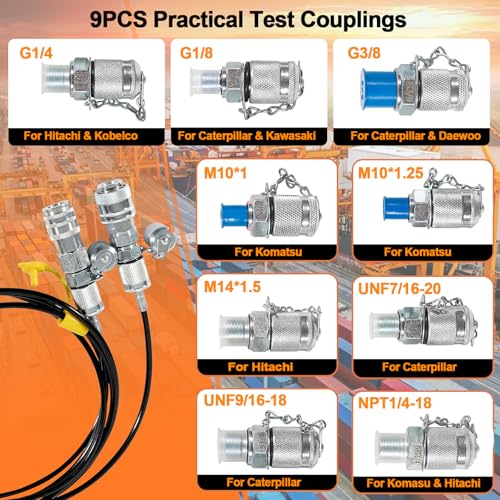 Image of 70M Digital Hydraulic Pressure Test Coupling Kit Compatible with Most Brands of Excavator Construction Machinery, Hydraulic Pressure Gauge Kit with 2 Gauges 2 Test Hoses 11 Couplings