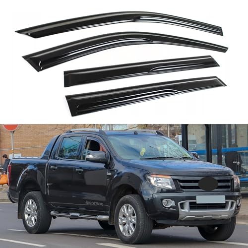 Image of Window Visor Compatible with Ford Ranger SuperCrew 2012-2018, Rain Guard Tape-On Extra Durable Sun Wind Air Side Vent Window Deflector, Black