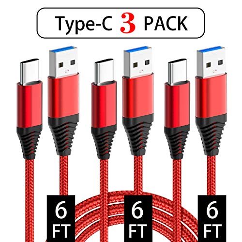 USB Type C Cable, OULUOQI USB C Cable 3 Pack(6ft) Nylon Braided Fast Charger Cord Compatible Samsung Galaxy S9 Note 9 8 S8 Plus,LG V30 V20 G6 G5,Google Pixel,Nintendo Switch, MacBook(Red)