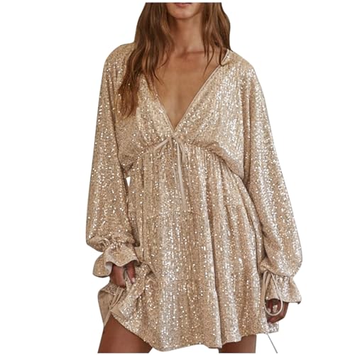 Ruziyoog Womens Glitter Dress Tie Front V Neck Long Sleeve Swing Club Cocktail Party Dresses Casual Sequin Sparkle Dress Gold : Clothing, Shoes & Jewelry