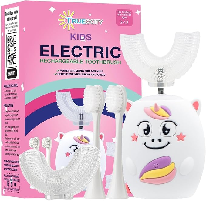 Kids U Shape Toothbrush Auto Electric Toddler Rechargeable Kids Automatic Toothbrush | 360° U-Shaped Silicone Brush Head | Gentle Cleaning for Ages 2–7 | Unicorn Design (Pink)