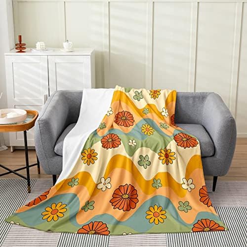 spefrowx Hippie Girls Throw Blanket,Vintage Groovy Flower Fleece Blanket for Teens Adult,Colorful 60's 70's Funky Floral Fuzzy Blanket Microfiber,1960 1970 Party Daisy Art Flannel Blanket,Queen 90x90