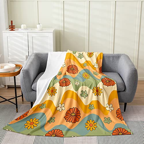 Spefrowx Hippie Girls Throw Blanket,Vintage Groovy Flower Fleece Blanket For Teens Adult,Colorful 60'S 70'S Funky Floral Fuzzy Blanket Microfiber,1960 1970 Party Daisy Art Flannel Blanket,Queen 90X90 #TOP3