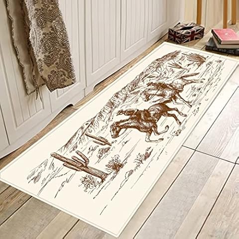Western Kitchen Rugs Set,Country Theme of American Wild West Desert Cowboy Comfort Mat Cushioned Floor Mats Washable Doormat Anti Fatigue Non-Slip Bathroom Runner Rugs Bedroom Area Carpet Cover