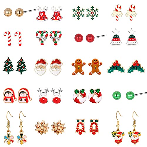 Yoshow 20 Pairs Hypoallergenic Christmas Earrings for Girls Cute Stud Earrings Sets for Women Teen Girls Christmas Earrings Bulk Holiday Jewelry Winter Jewelry
