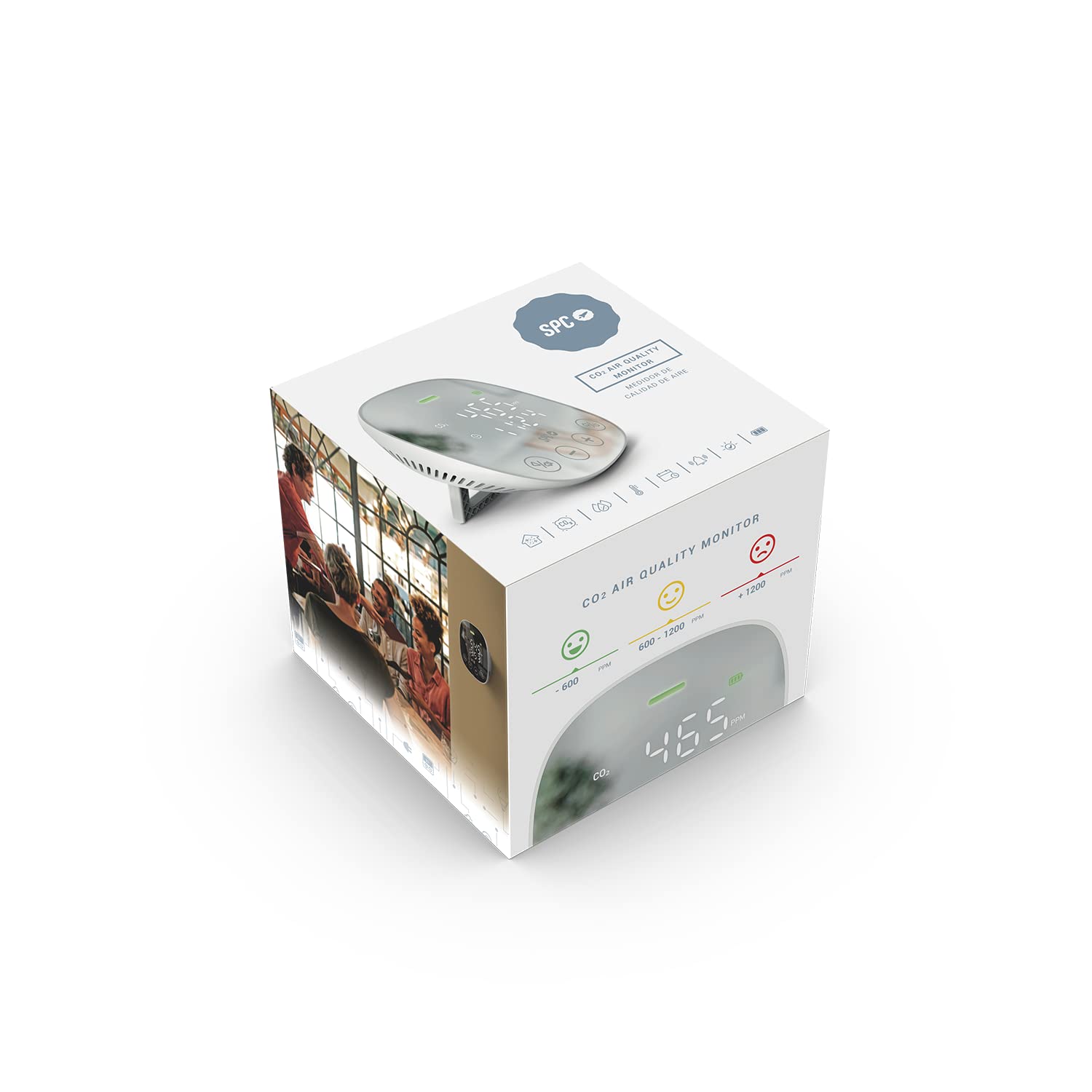 SPC CO2 AIR QUALITY MONITOR - Medidor de CO2, mide la calidad del aire, temperatura y humedad, gran batería y autonomía de hasta 10 horas, Blanco