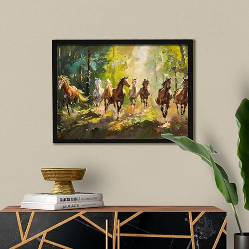 Image of 8 Running Horses Vastu Framed Wall Art Painting For Living Room| Symbol of Growth Eight Horse Wall Painting With Frame for Home & Office, 17x23 Inch