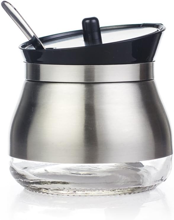 304 Stainless Steel Sugar Bowl Set Sugar Dispenser with Lid Serving Spoon Flip Salt Pot Pepper Storage Jar Seasoning Pot Container Sugar Box Condiment Spice Racks Holder,Black