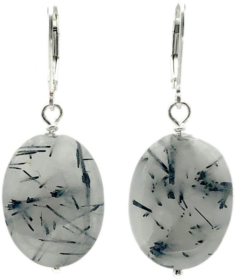 Oval Tourmalinated Quartz Crystal Sterling Silver Lever Back Earrings Light Grey Matrix