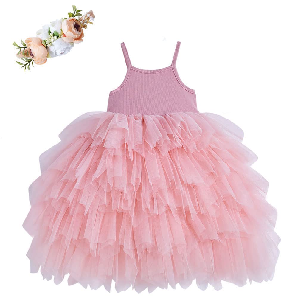 CHENBAO Flower Girls Dresses Tulle Wedding Pageant Party Birthday Princess Dress Tutu Toddler Ribbed Sphagetti Strap Sundress 3 Years Old Bridesmaid Baby Flower Girl Summer Dresses Blush Pink Size 3T