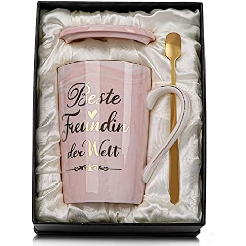 Best Friend Gifts for Women, Best Friend in the World Mug - Gifts for Girlfriends Birthday, 400 ml Pink Ceramic Coffee Mug with Lid, Golden Spoon and Exquisite Gift Box Cover