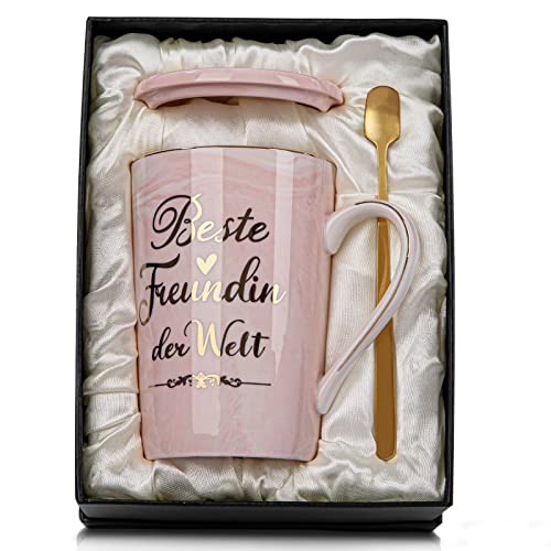 Beste Freundin Geschenke für Frauen, Beste Freundin der Welt Tasse - Geburtstagsgeschenk Geschenk für Freundinnen Geburtstag, 400 ml Rosa Freundschaft Becher mit Deckel, Löffel, Karte, Geschenkbox
