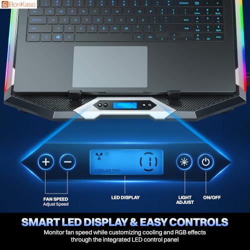 Image of Bonkaso RGB Laptop Cooling Pad with 8 High-Speed Fans, 10 RGB Modes, Smart LED Display, 6-Level Adjustable Stand, Detachable Phone Holder, Dual USB Ports, Iron Mesh, Quiet Operation