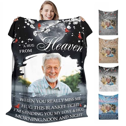 D-Story Custom Hug from Heaven Memorial Blanket with Photos for Loss of Loved One in Loving Memory Gifts Sympathy Gift Personalized Remembrance Blanket for Loss of Dad Mom Husband Wife Made in USA
