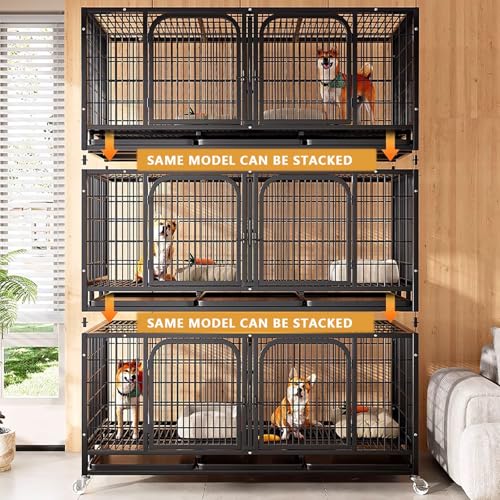 Recinto per cani da esterno con due porte, ruote girevoli, design impilabile, resistente acciaio al carbonio