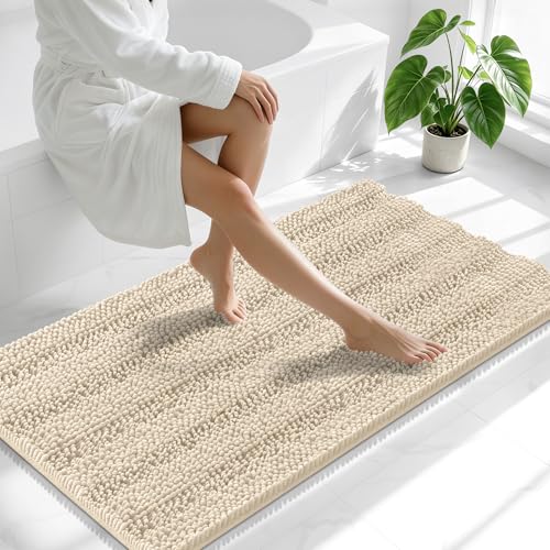 Image of Smiry Thick Chenille Bathroom Runner Rugs 47x24, Extra Absorbent Striped Bath Mat, Machine Washable, Rubber Backing, Long Bath Rugs for Tub & Shower, Modern Home Decor Accessories, Sand