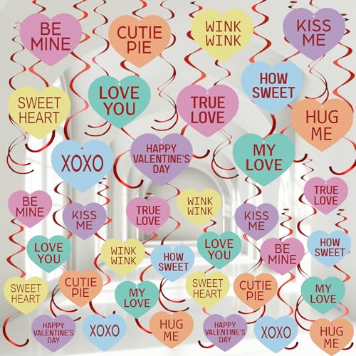 Image of 72 Pcs Valentine's Day Hanging Swirls Decorations Be Mine Love Conversation Valentine Party Decoration Ceiling Decorations Foil Swirls for Home Office Party Favors Supplies