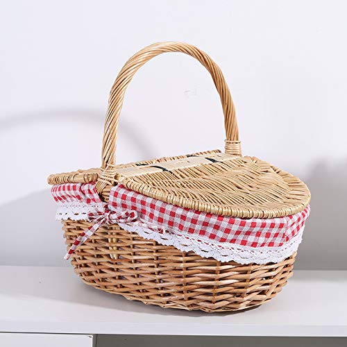 Panier de pique-nique en rotin portable avec couvercle ovale tissé main
