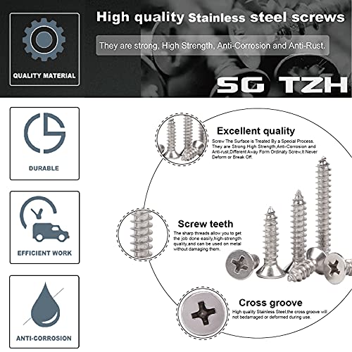 Sg Tzh GB-588941 #8 X 5/8 Inch Wood Screw 100Pcs 18-8 (304) Stainless Steel Screws Flat Head Phillips Fast Self Tapping Drywall Screws thumb #3