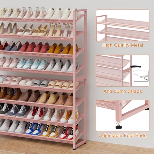 Image of Large Shoe Rack 8 Tier Shoe Organizer, Heavy Duty Metal 4-Tier Stackable Shoe Storage Vertical Shoe Rack for Closet Front Door Entrance, Up to 50 Pairs, 44.8 inch W x 11.4 inch D x 56.7 inch H, Pink