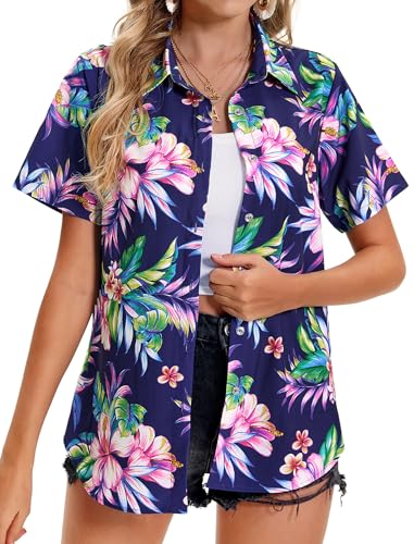 Womens Hawaiian Shirt Soft Cool Summer Hawaii Shirts Floral Tropic Print V Neck T-Shirt Short Sleeve Button Up Tops2