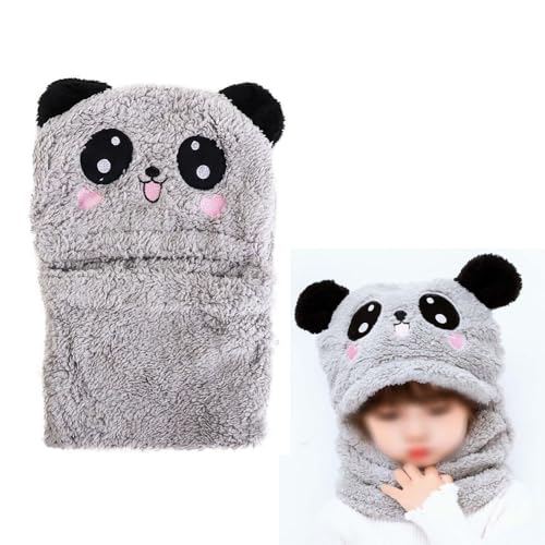 Pokinge 1Pcs Cute Panda Hats Scarf Set,Winter Warm Cartoon Panda Fleece Hat with Scarf Full Face Neck Cover Creative Windproof Plush Cap for Girl Boy Grey4