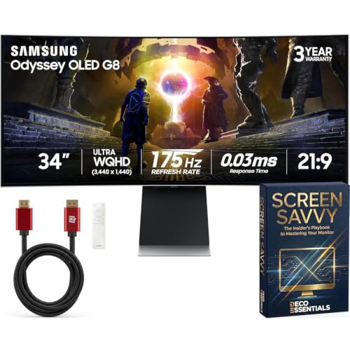 Image of Samsung 34 inch Odyssey OLED G8 G85SD Curved Gaming Monitor UWQHD 3440x1440, 175Hz, 0.03ms, G-Sync Compatible, OLED Glare Free Bundle with Deco Gear HDMI Cable & Screen Savvy Guidebook