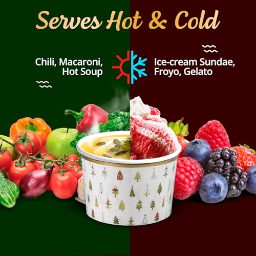 Image of Confettiville Paper Ice Cream Cups, 50-Count 9-Oz Disposable Dessert Bowls for Hot or Cold Food, 9-Ounce Christmas Party Supplies Treat Cups, Handdrawn Christmas Trees, Gold Foil