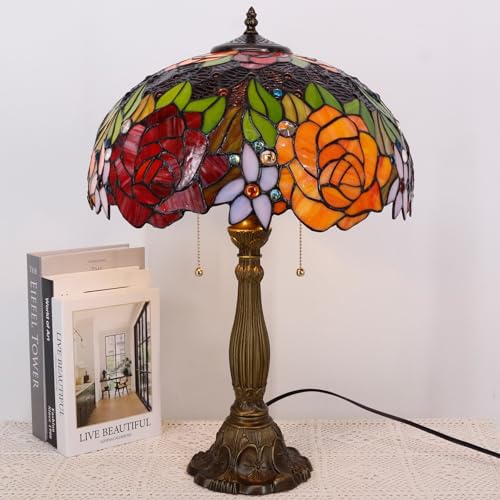 Image of 16Inch Tiffany Lamp Shade Replacement Only (Red Yellow Roses) | Stained Glass Lampshade Fit For Table Lamps FLoor Lamp Ceiling Fixture Pendant Hanging Light Home Office Decoration