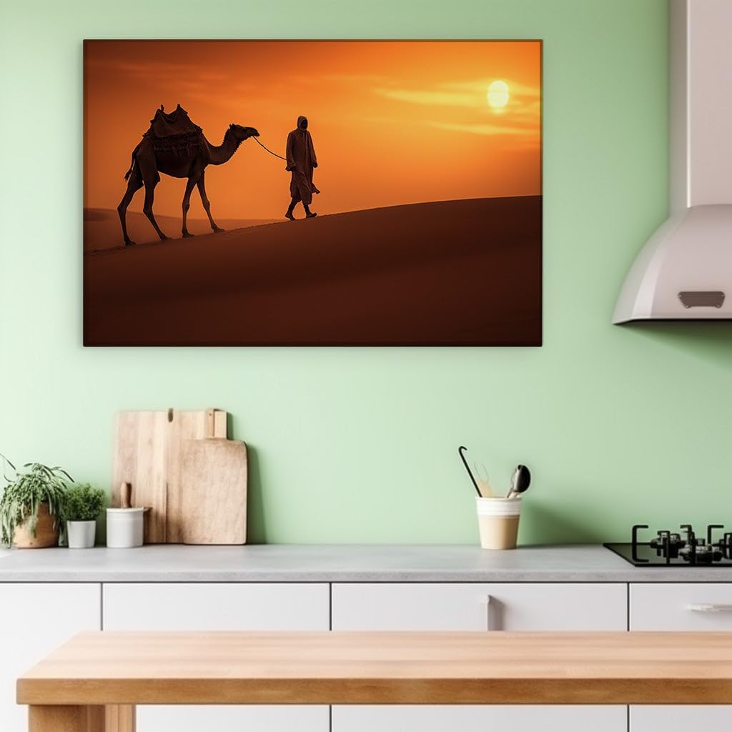 Canvas for Living Room. Desert Dusk Odyssey A Man and His Camel Against The Sunset Glow, 27 x 18 inch Canvas Wall Art - Contemporary Masterpieces - Modern Home Decor