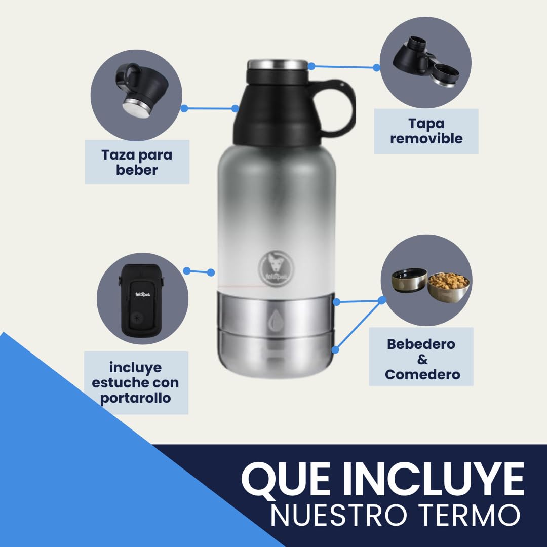 Botella Térmica 1L para Perros 4 en 1 – Acero Inoxidable con Bebedero Portátil, Comedero Extraíble, Porta Bolsas y Estuche Neopreno